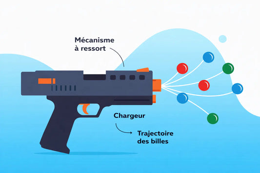 Gomme semi-umbrella: un gel blaster noir et bleu tirant des billes colorées (rouges, bleues, vertes) avec charges, mécanisme à ressort et trajectoires illustrées.